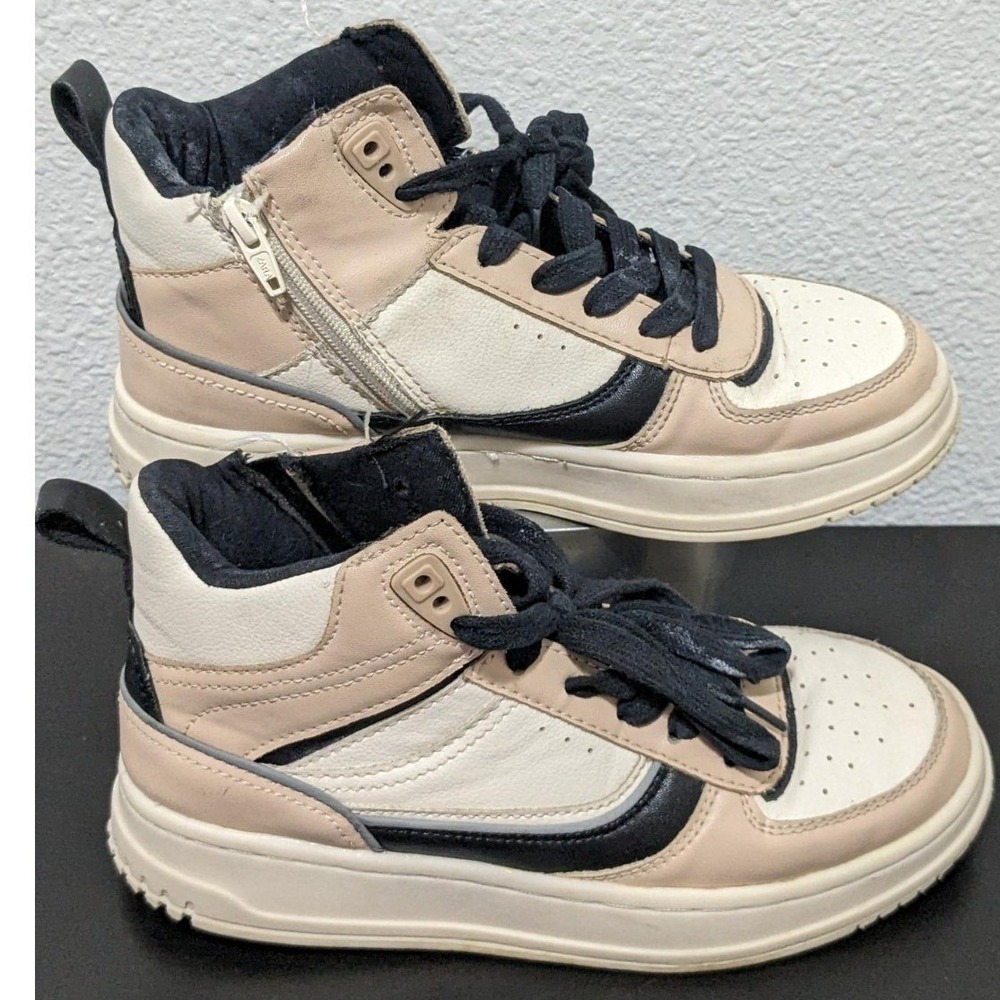 ZARA Kids High-Top Sz EU33 Sneakers Beige Black Leather Look Casual Shoes Unisex